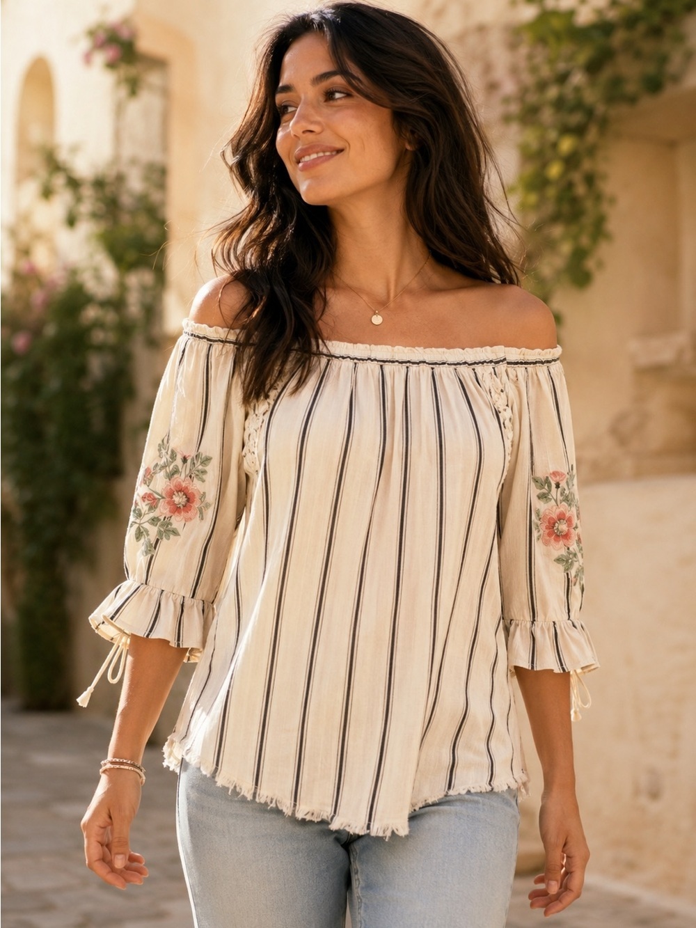 Boho Peasant Blouse Medium Ivory Stripe Floral Embroidered Cottagecore Top